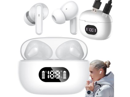 Bezdrátová sluchátka do uší bluetooth s nabíjecím pouzdrem s led diodami a mikrofonem