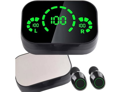 Bezdrátová sluchátka do uší bluetooth s nabíjecím pouzdrem s led diodami a mikrofonem