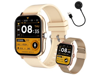 Smartwatch dámské pánské hodinky gumový řemínek sport bluetooth hovory zlaté