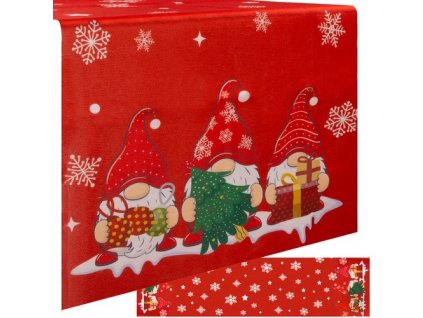 Vánoční běhoun na stůl s trpaslíky, červený-bílý-zelený, polyester, 220x40 cm
