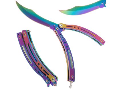 Motýlí nůž ostrá skládací čepel rainbow fade