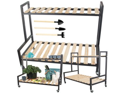 Dřevěný záhon pro hrnkové květiny dvoupatrový regál na kolečkách terasa