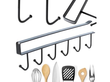 Kuchyňský závěsný stojan černý kov 6 háčků na nádobí háčky