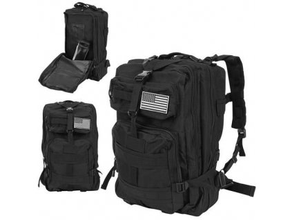 Vojenský batoh 38L, černý, nylon/polyester 600D, rozměry 29/37/50 cm