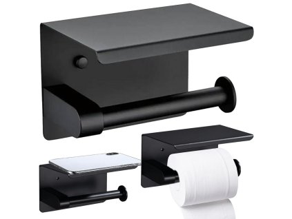 Držák toaletního papíru s poličkou na telefon černý půdní wc ocelový