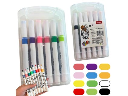 AKRYLOVÉ POPISOVAČE 12 KS BAREVNÉ NA SKLO PLAST KOV DŘEVO + POUZDRO