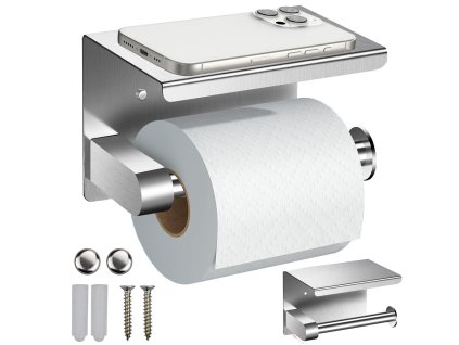 DRŽÁK TOALETNÍHO PAPÍRU S POLIČKOU NA TELEFON PRO KOUPELNU WC OCEL