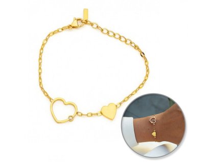 Náramek z chirurgické oceli pozlacený 14k zlatem SRDÍČKA s kubickou zirkonií BST1546