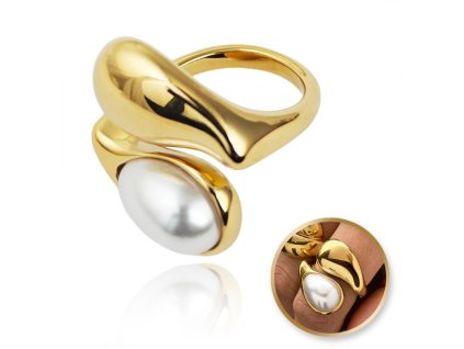 Pozlacený prsten z chirurgické oceli, nastavitelný, R6, R7 PEARL DROP PST946