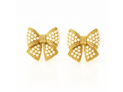 Náušnice z nerezové oceli pokovené 14k zlatem s perlovými mašličkami KST3511