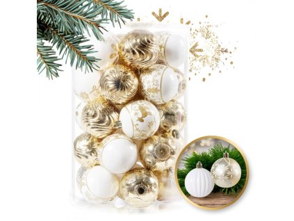 Sada vánočních ozdob, 34 kusů v balení, zlatá a bílá, průměr 6 cm BSN38