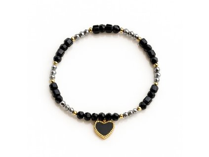 Náramek z chirurgické oceli pokovený 14k zlatem, černé srdce, na gumičce BST1566