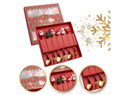 Sada lžic a vidliček s vánočními figurkami, 6 kusů v krabičce, zlatá 16,8 x 2,9 cm LYZ5