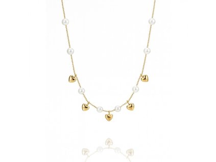 Dlouhý náhrdelník, nerezová ocel, pozlacený 14k zlatem, perly a srdíčka NST2235