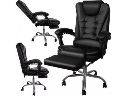 Otočná Kancelářská Židle s Výsuvnou Podnožkou, Černá Eko Kůže, Chromovaná Ocel