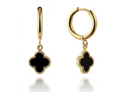 Visací náušnice z nerezové oceli pokovené 14k zlatem s motivem černého jetele KST3463