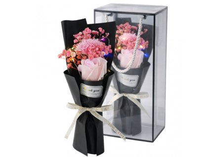 Kytice vonných mýdlových květin v krabičce, růže jako dárek, LED svítící BUK08