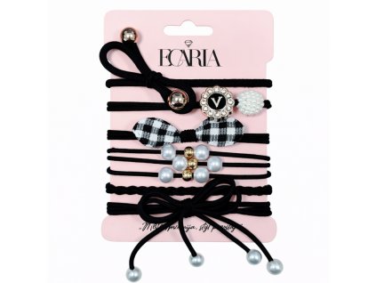 Sada 6 gumiček do vlasů, černé mašle s perlami, kostkovaný vzor GUM181