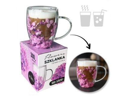 Termosklenice s květinami uvnitř, gypsofila, hortenzie, fialová, růžová, 300 ml, 1 ks. SZK201