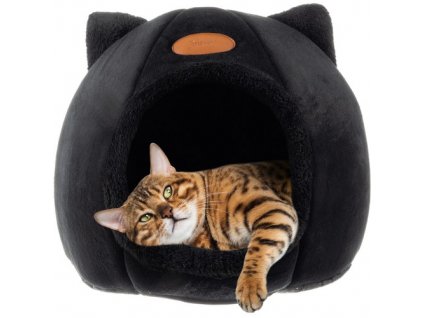 Plyšový pelíšek pro kočky ve tvaru domečku, černý, polyester/PP bavlna/EVA pěna, 36x33 cm