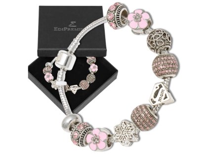 Modulární náramek Stříbrné růžové přívěsky Korálky + krabička