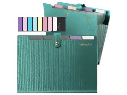 Organizér na dokumenty A4, zelená aktovka, 5 přihrádek