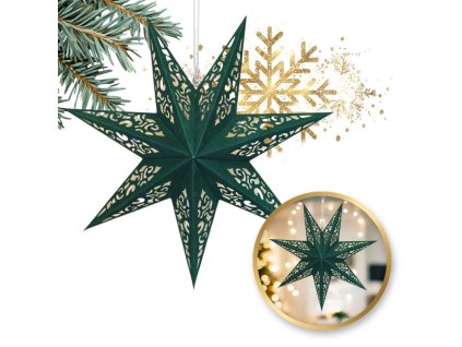 VELKÁ VÁNOČNÍ PAPÍROVÁ HVĚZDA PROLAMOVÁ sametově zelená 35 cm VITÁŽ 3D WG05