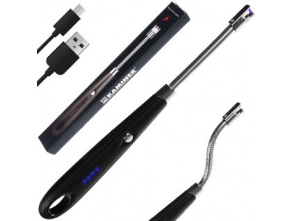 Plazmový zapalovač USB, odolný vůči atmosférickým podmínkám, s flexibilním ramenem a LED diodou, černá/stříbrná
