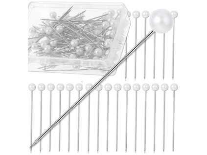 Sada krejčovských špendlíků 100 kusů s kulatou hlavičkou 65 mm, bílá perla