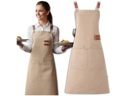 Dámská a pánská kuchyňská zástěra, béžová, voděodolná, ochranná, s kapsami
