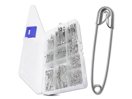 Sada 460 malých a velkých krejčovských zavíracích špendlíků, stříbrné