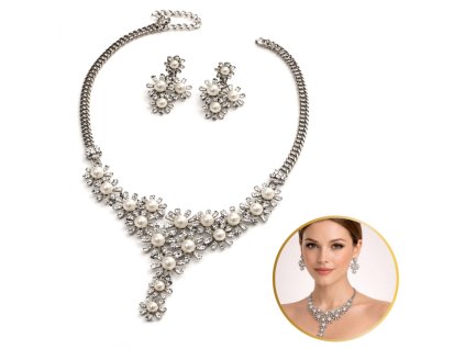 Elegantní sada šperků s perlami a krystaly – náhrdelník + náušnice, stříbro N1071S