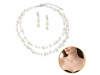 Jemná svatební sada s perlami a krystaly, náhrdelník a náušnice N1073