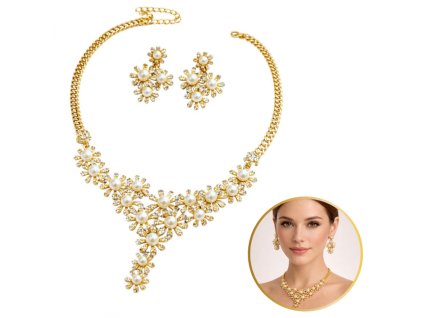 Elegantní sada šperků s perlami a krystaly – náhrdelník + náušnice, zlato N1071Z