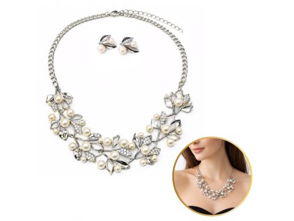 Elegantní sada šperků: náhrdelník + náušnice s perlami a krystaly, stříbrné lístky N1072S