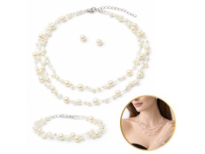 Jemná perlová svatební sada, náhrdelník, náramek, náušnice N1074