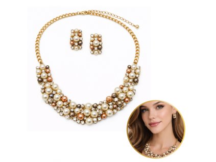 Elegantní sada šperků s perlami a krystaly – náhrdelník + náušnice N1070