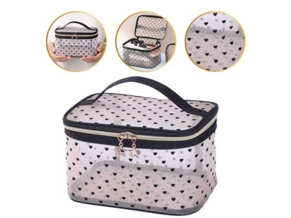 Dámská kosmetická taštička, průhledná, černá srdíčka, 12x21x13cm KS125