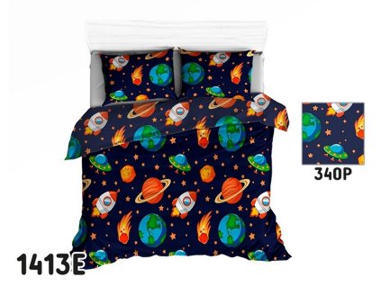 Bavlněné povlečení 160x200 1413E tmavě modrá Cosmos Planets Galaxy 340P