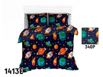 Bavlněné povlečení 140x200 1413E tmavě modré Vesmírné planety Galaxy 340P