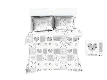 Bavlněné povlečení 140x200 1646E bílá srdíčka patchwork šedá 1108N