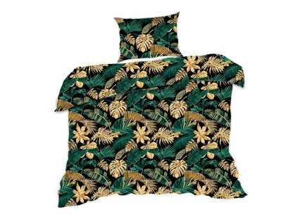 Bavlněné povlečení 140x200 listy černá zelená zlatá 1497N Classic