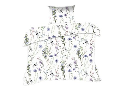 Bavlněné povlečení 140x200 1705N bílé květy vážky louka Classic E24