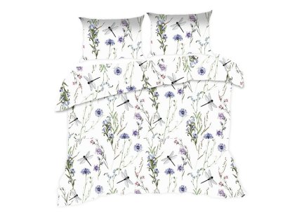 Bavlněné povlečení 160x200 1705N bílé květy vážky louka Classic E24