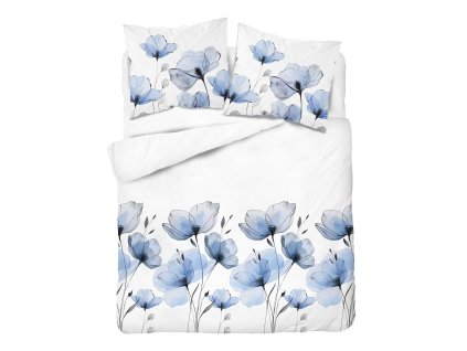 Bílé bavlněné povlečení s akvarelovými modrými květy – 160x200 – kolekce Naturalis – vzor 5496 A