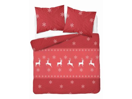 Vánoční flanelové povlečení 220x200 červené se soby a sněhovými vločkami – Kouzlo Vánoc – 5621 A