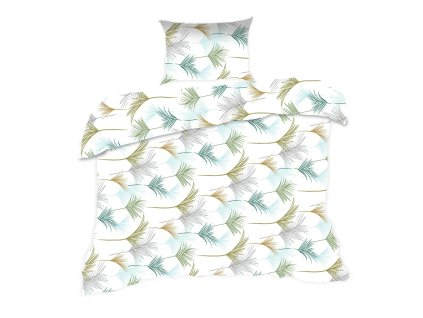 Bavlněné povlečení 140x200 1816N listy bílá tyrkysová oliva Classic E24