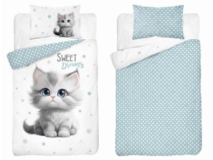 Dětské bavlněné povlečení 90x120 koťátko modré hvězdy – 5518 A - Mayamoo
