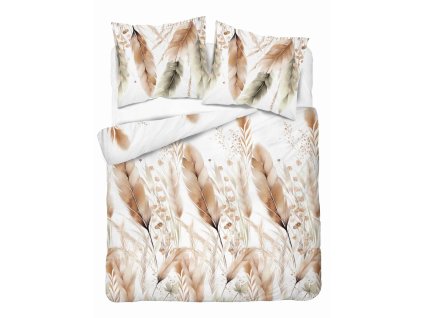 Saténové ložní prádlo 220x200 bílé s béžovým a zeleným peřím – 5541 A – Home Elegance
