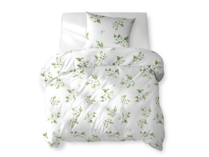 Bavlněné povlečení 140x200 bílé s bílými květy a zelenými listy – 5766 B – Cotton Bloom